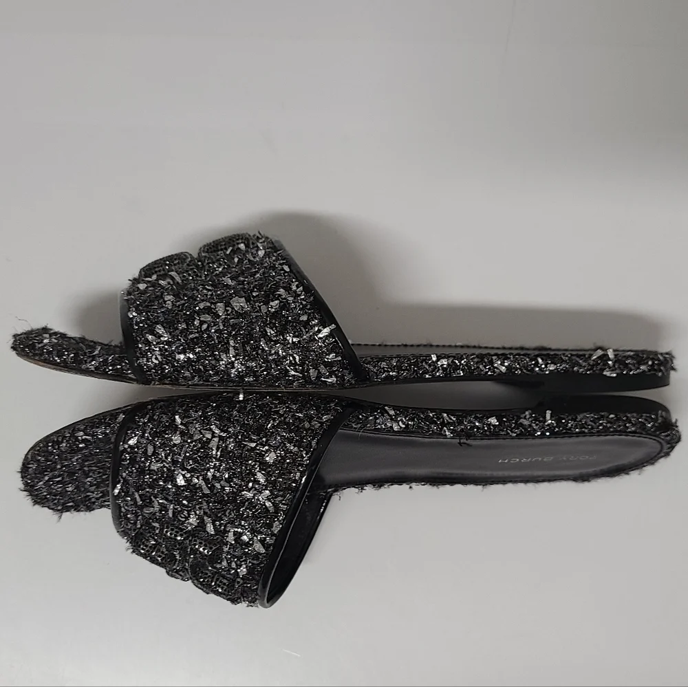 Tory Burch Eleanor Pavé Logo Slide Sandal in Silver Confetti/Perfect Black Sz 8